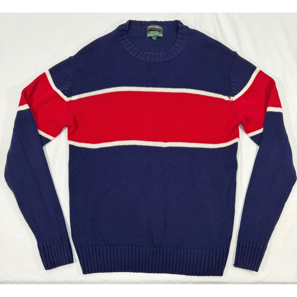 Savile Row Mens Large Cotton Knit Sweater Navy Blue Red White Colorblock Vintage